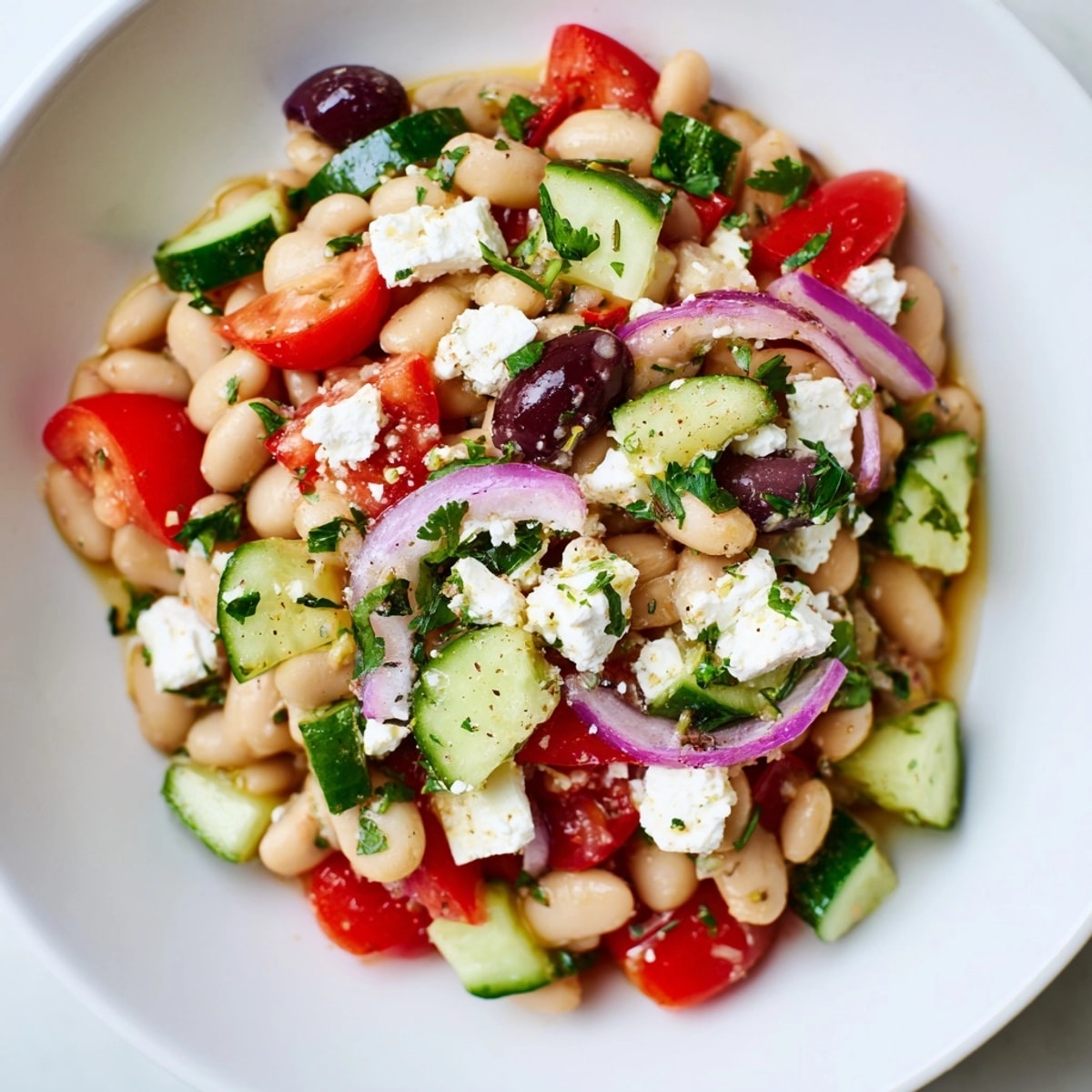 Creamy Mediterranean White Bean Salad with Feta recipe, ready to be served.