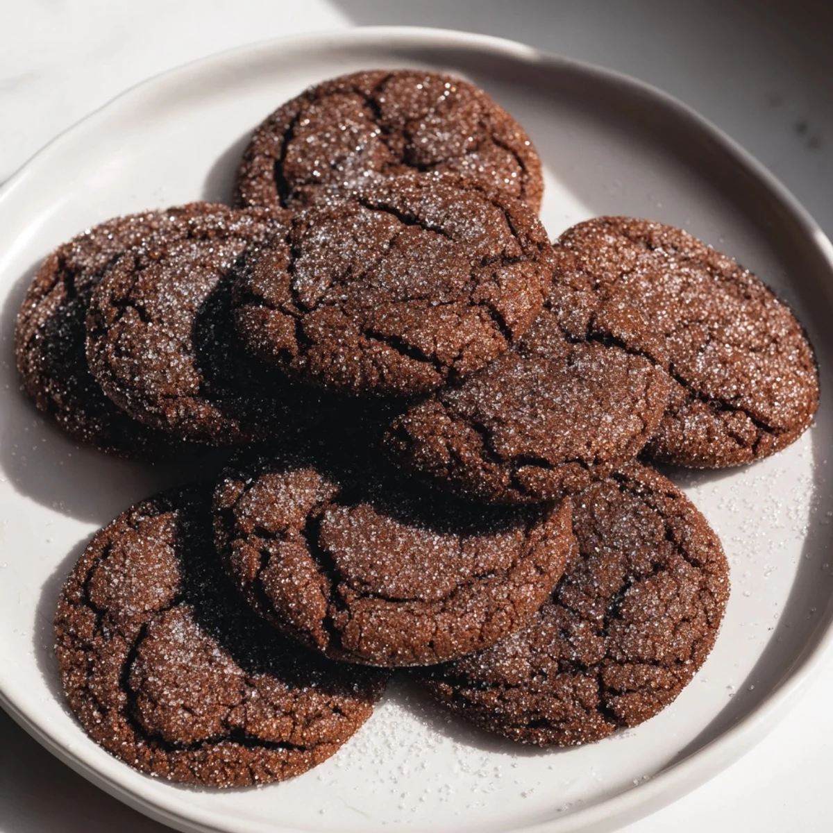 Freshly baked chewy soft molasses cookies, with a slight crackle on top, ideal for dunking in milk.