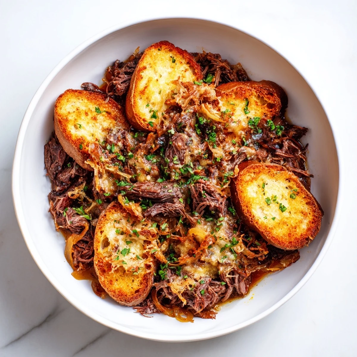 A steaming, close-up view of a hearty French Onion Pot Roast Casserole, perfect for a cozy dinner.