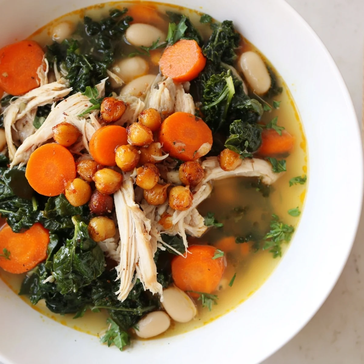 Steaming bowl of Chicken Kale Soup with Crispy Chickpeas, healthy and full of flavor.