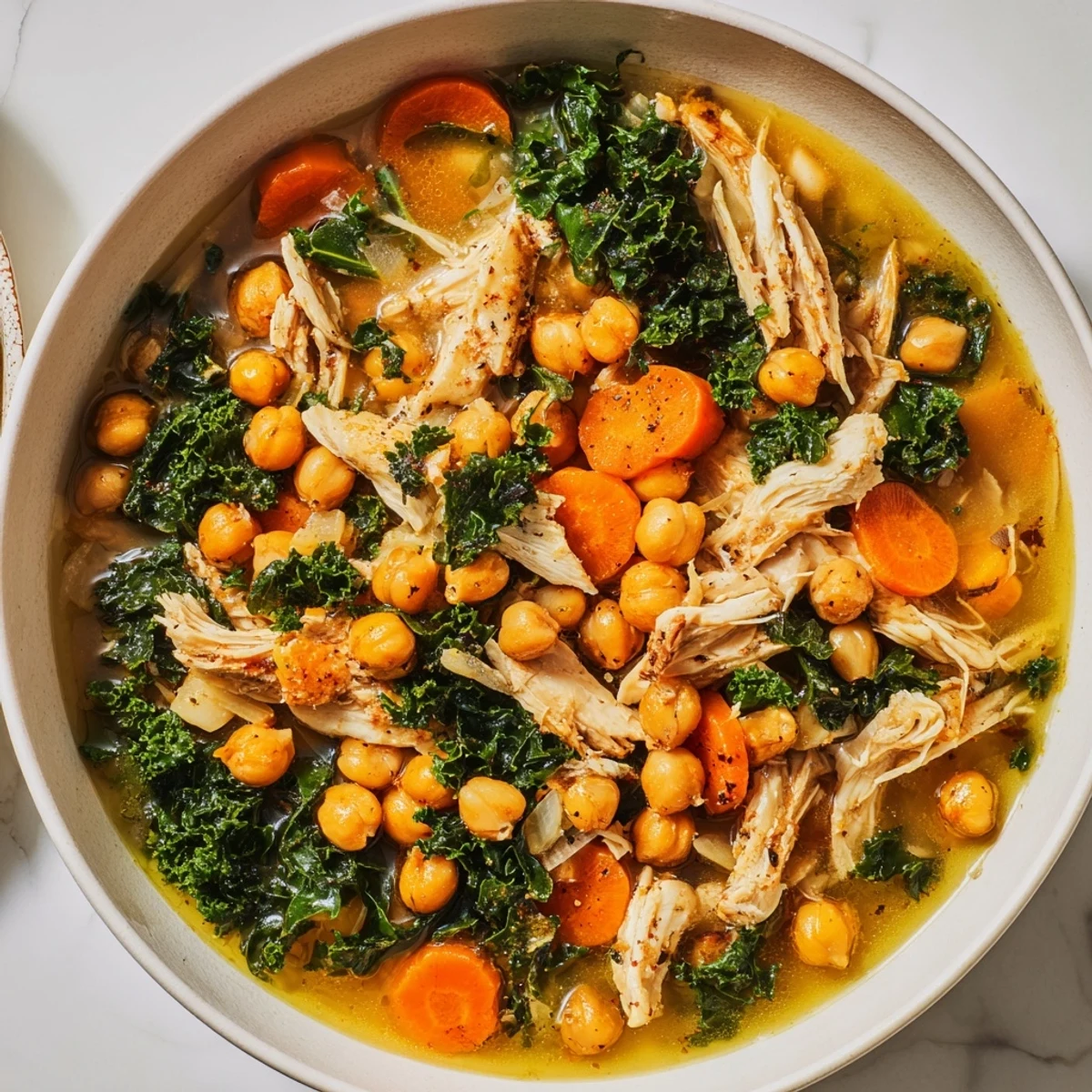 A close-up shot of a hearty Chicken Kale Soup with Crispy Chickpeas, ready to eat.