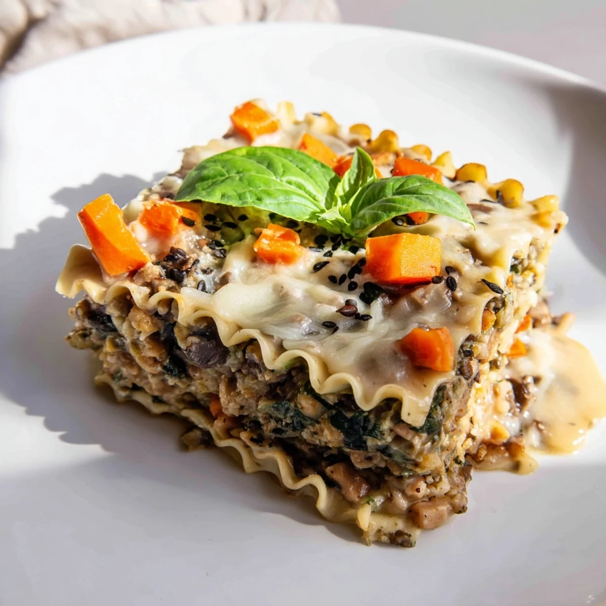 A close-up shot of a delicious vegan lasagna, layered with creamy sauce and vegetables.