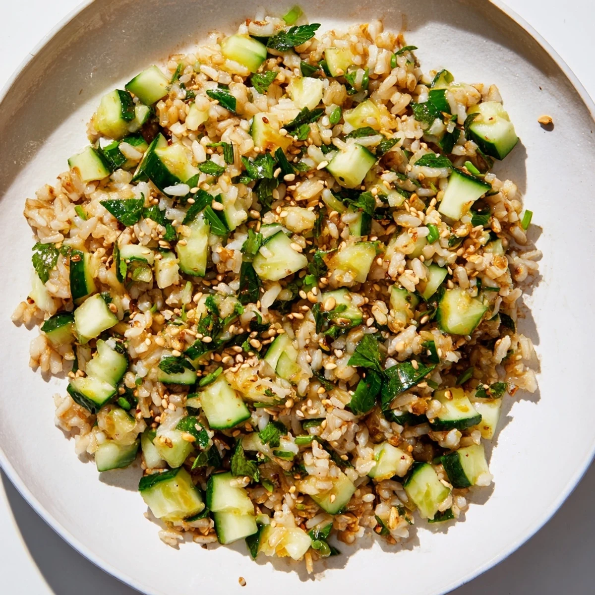Enjoy a refreshing bowl of Crispy Cucumber Rice Salad with a zesty dressing and crunchy rice.