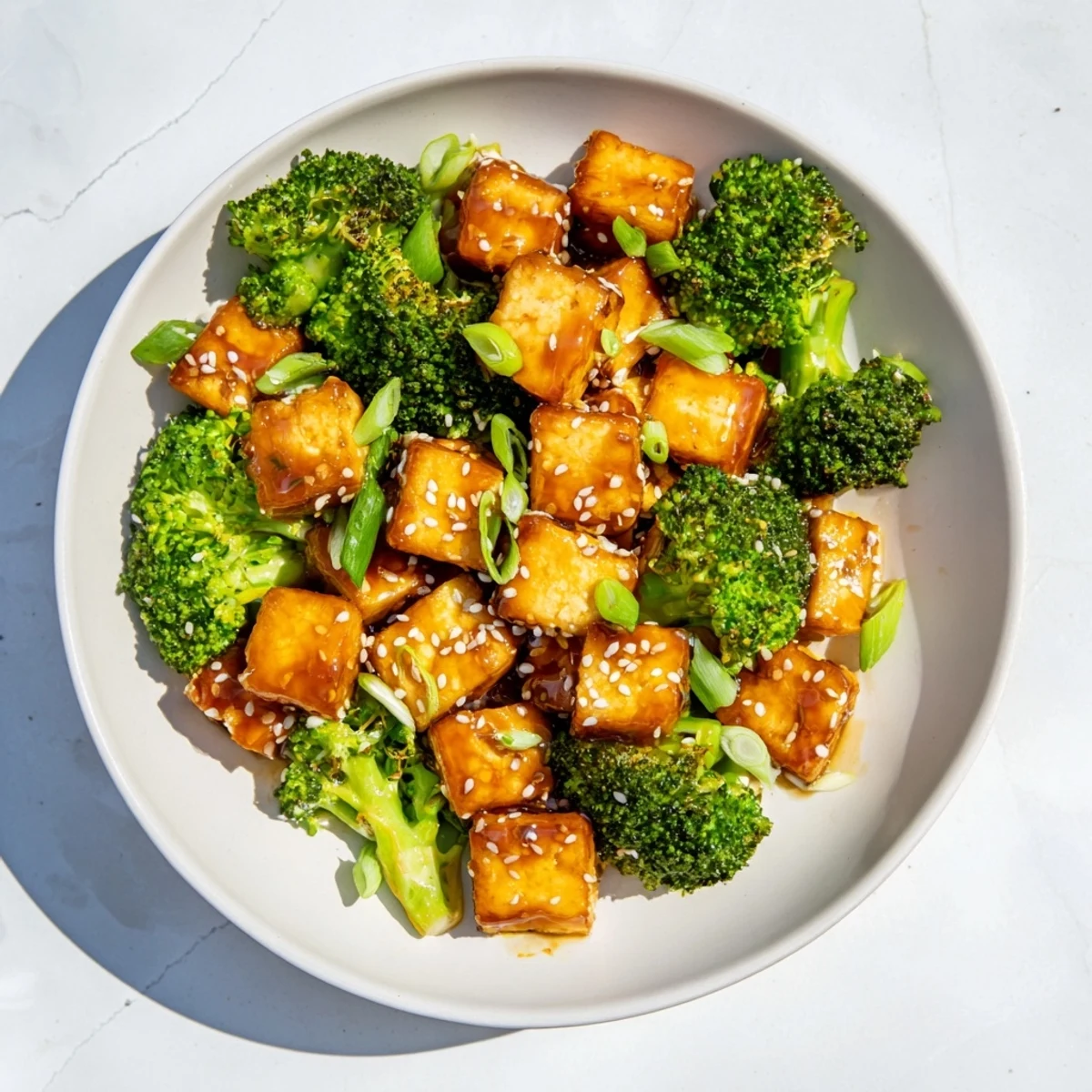 Sheet pan sesame tofu and broccoli, cooked to perfection, served with rice for a complete meal.
