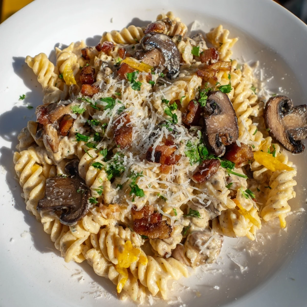 Fusilli with bacon, onions, and mushrooms: a creamy pasta dish with savory bacon and Parmesan.