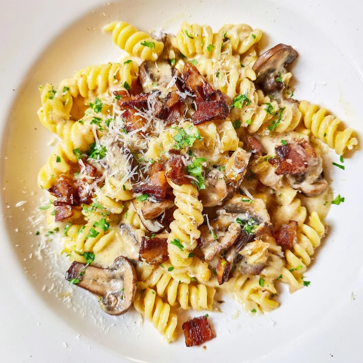 Flavorful fusilli with bacon, onions, and mushrooms; imagine the aroma and delicious, creamy sauce.