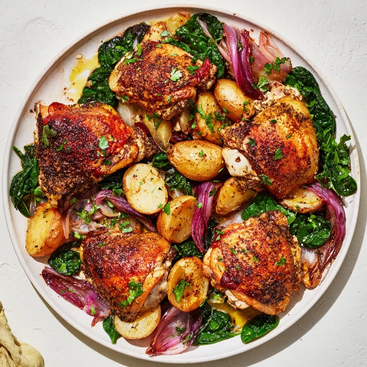 Golden, crispy skin tops the pan-roasted chicken, mingling beautifully with zaatar-dusted potatoes.