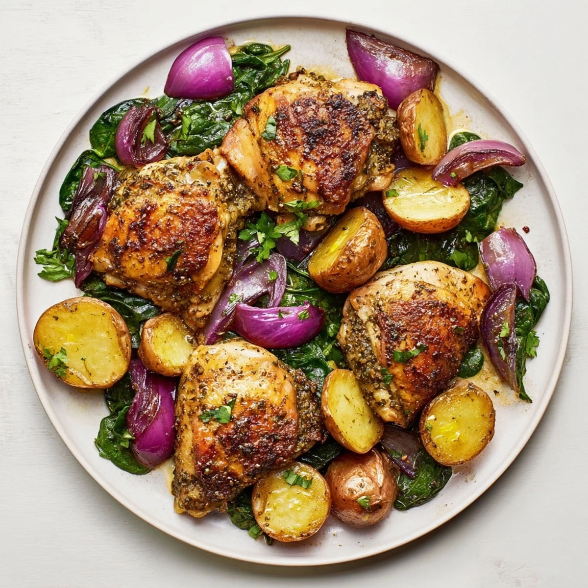 Aromatic steam rises from the sizzling pan-roasted chicken featuring vibrant greens and lemon wedges.