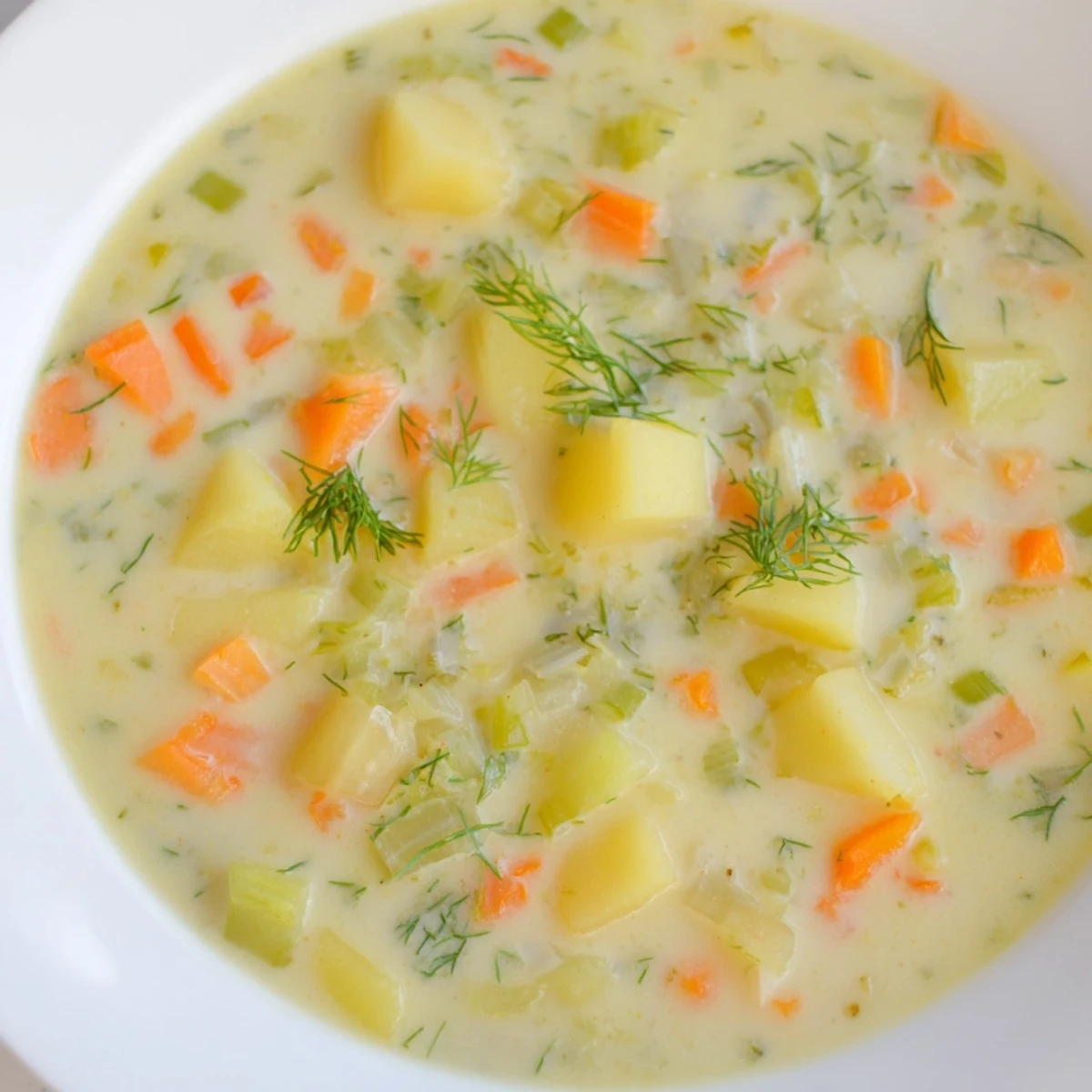 Creamy dill pickle soup presented in a bowl, showing the warm broth and visible pickle pieces.