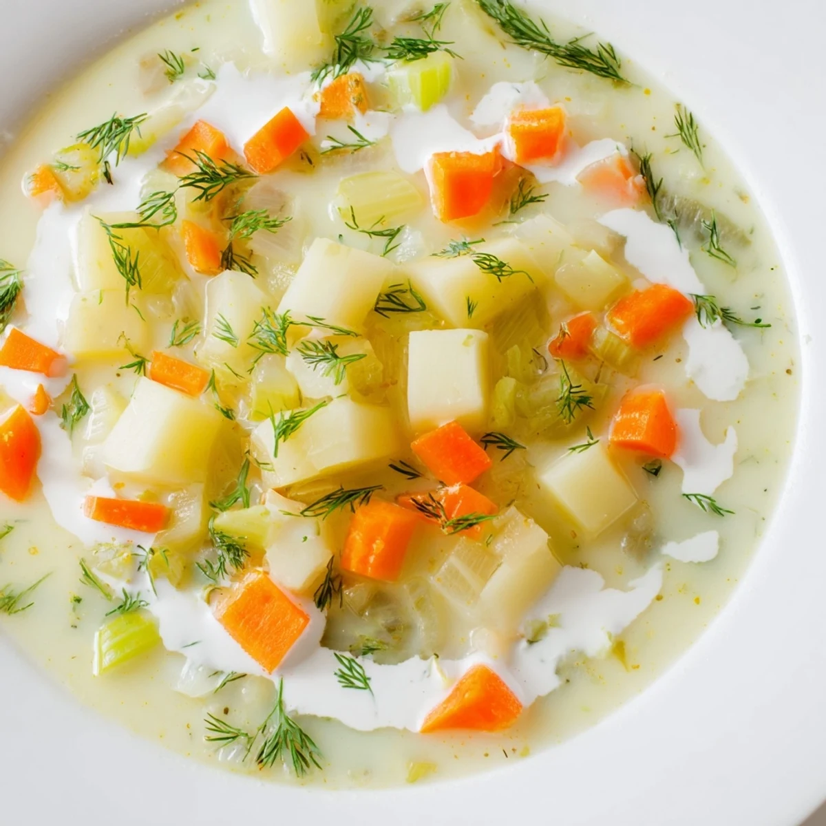 A close-up of a bowl of creamy dill pickle soup, garnished with fresh dill and sour cream.