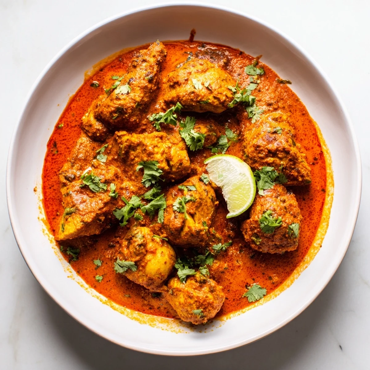 Steam rises from the creamy Instant Pot Chicken Tikka Masala, accented with fresh cilantro and a lime wedge.