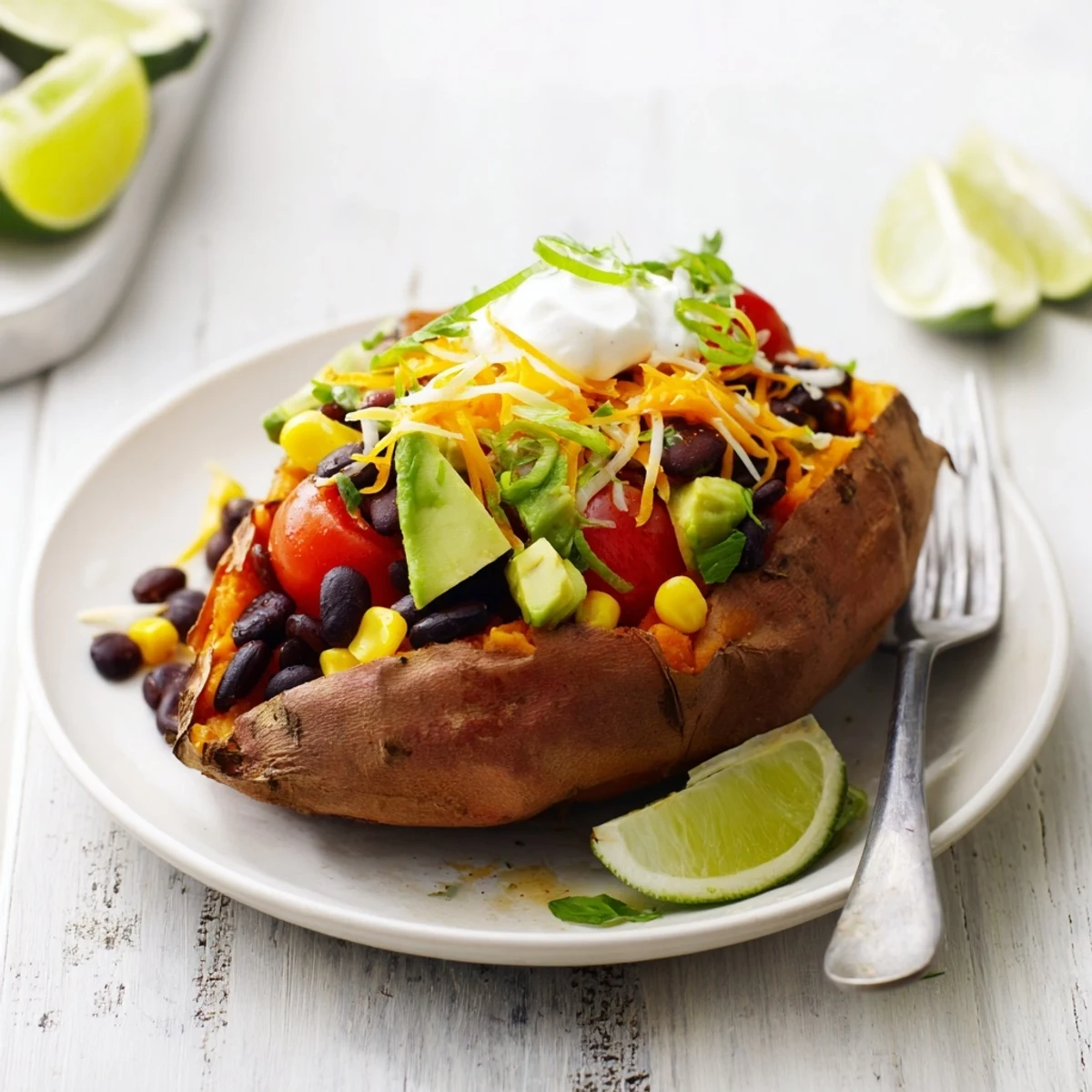 Golden and fluffy Loaded Baked Sweet Potatoes, brimming with colorful, fresh vegetable toppings.