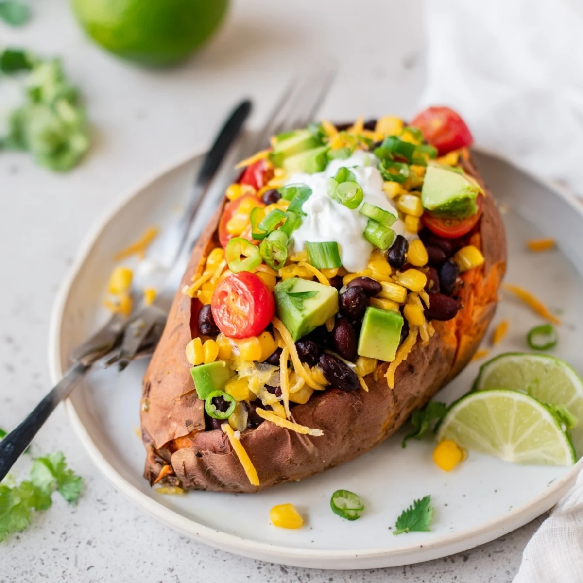 A close-up of a generously topped Loaded Baked Sweet Potato, ready to eat with a squeeze of lime.