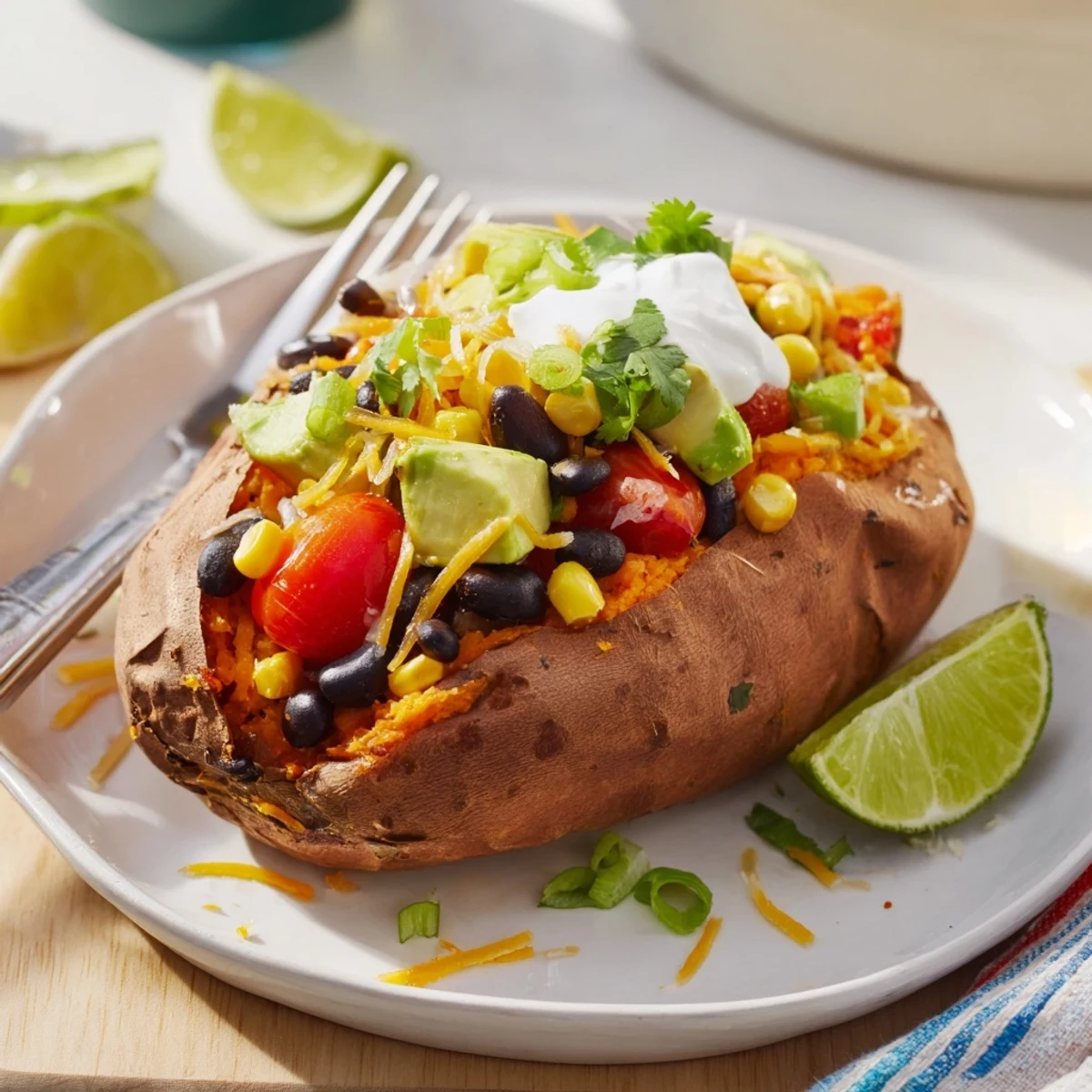 Steaming-hot, vibrant Loaded Baked Sweet Potatoes bursting with black beans and creamy avocado slices.