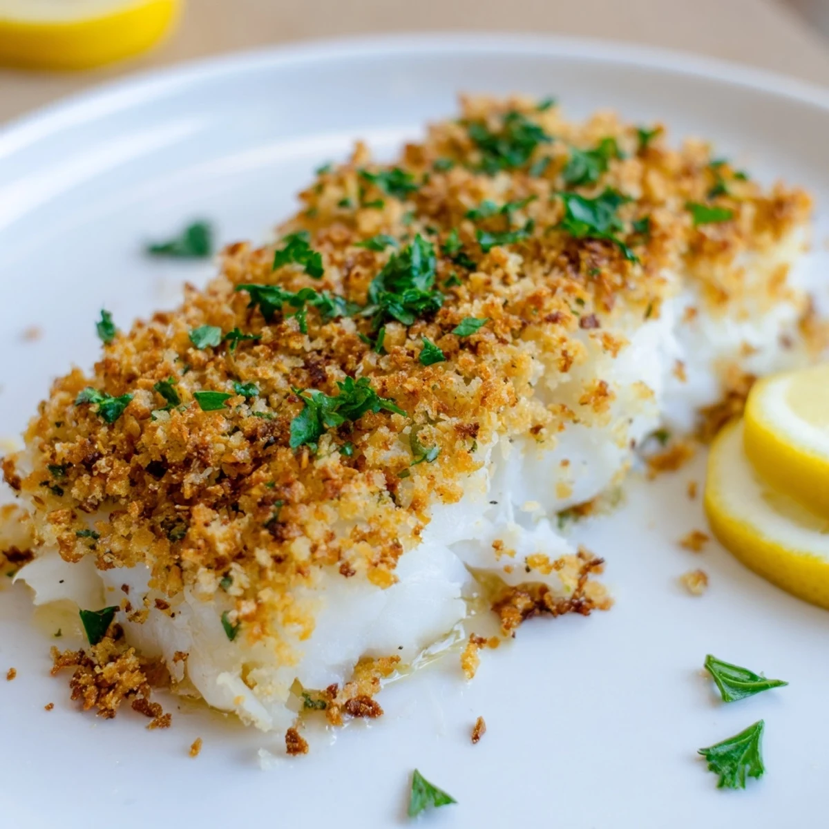 Enjoy a close-up of delicious Baked Cod with Crispy Ritz Cracker Topping, perfect for dinner tonight.