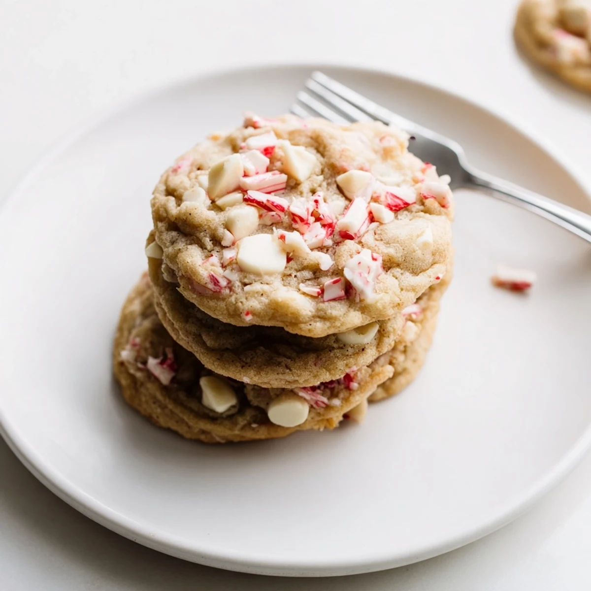 Warm, chewy White Chocolate Peppermint Bark Cookies, a holiday treat with melted white chocolate chips.