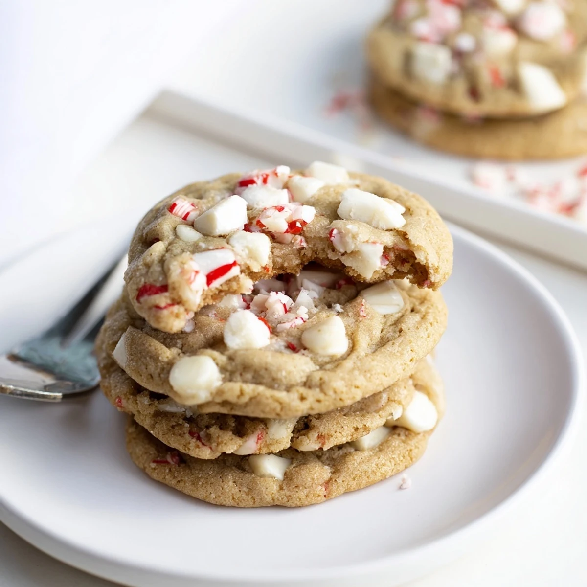Freshly baked White Chocolate Peppermint Bark Cookies, showing a close-up of the crushed peppermint topping.