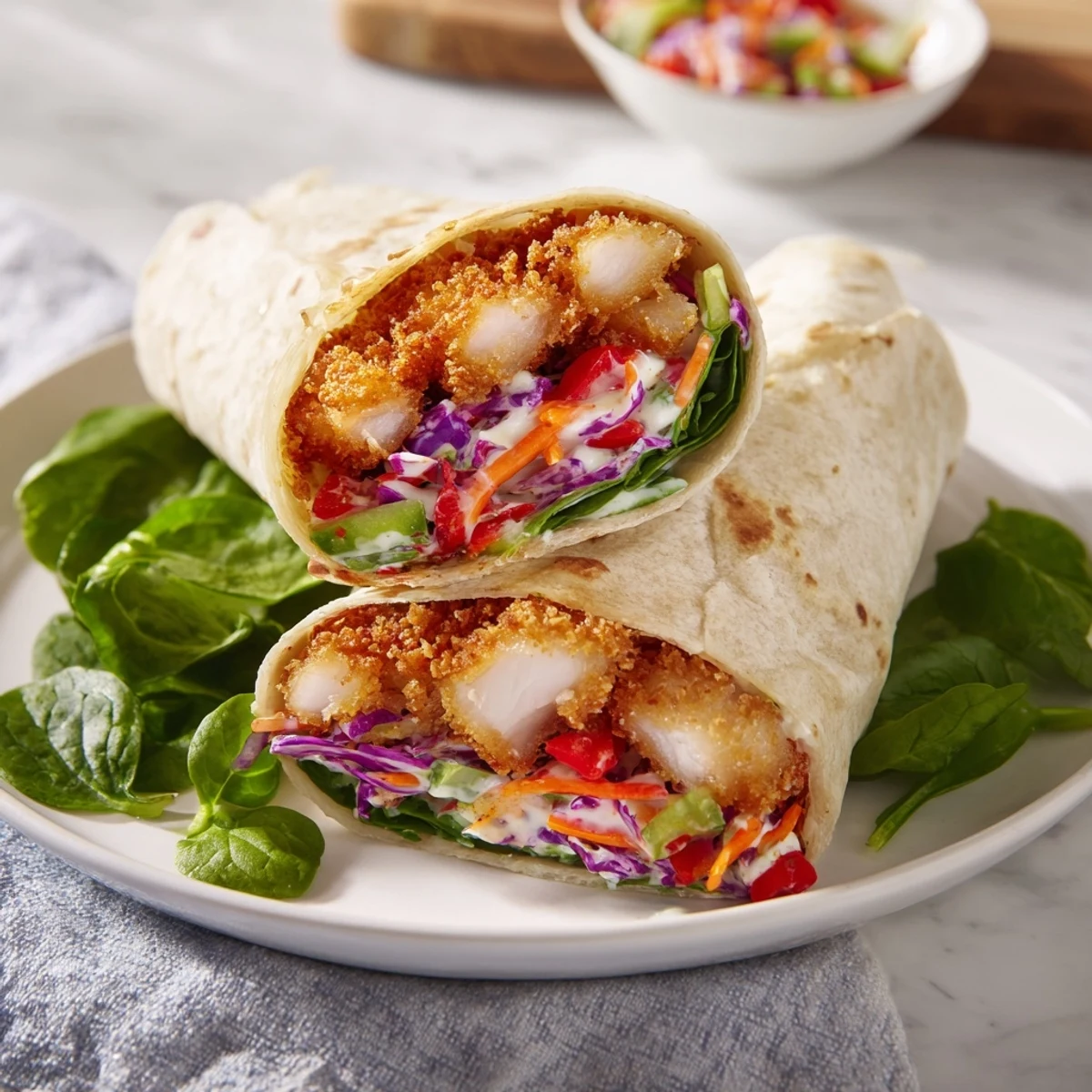 Crispy Candy Cane Crunch Chicken Veggie Wrap, colorful and beautifully assembled for a tasty meal.
