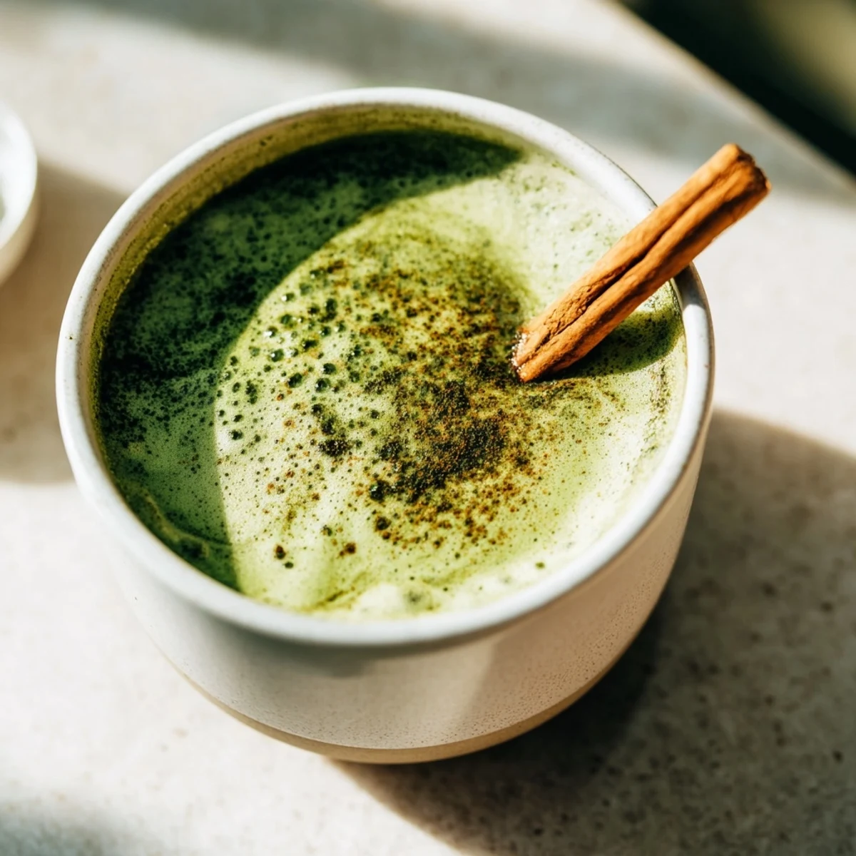 Warm, spiced Maple Cinnamon Gingerbread Matcha Oat Latte in a mug, perfect for cozy mornings.