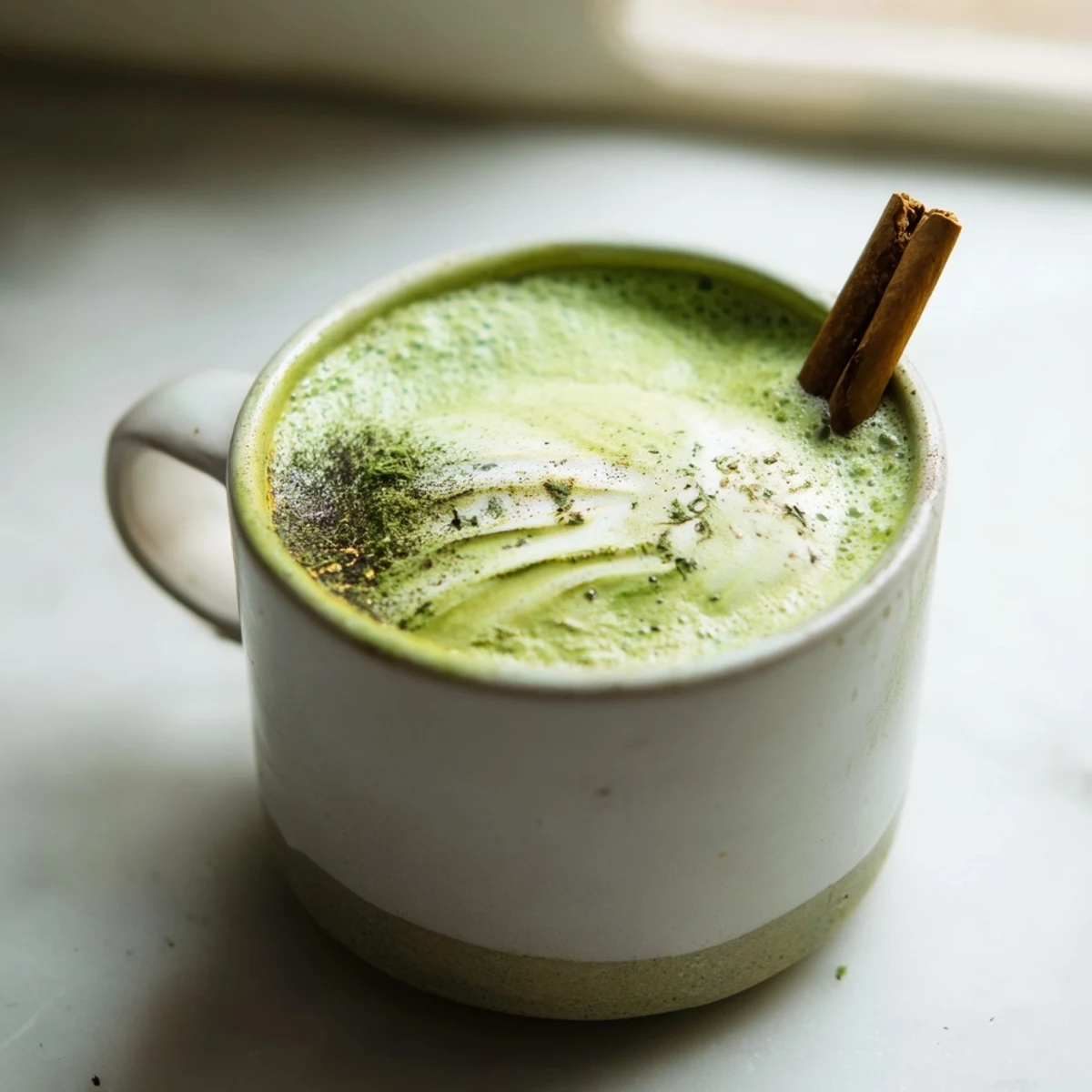 Frothy Maple Cinnamon Gingerbread Matcha Oat Latte, showing layers of green matcha and creamy oat milk.