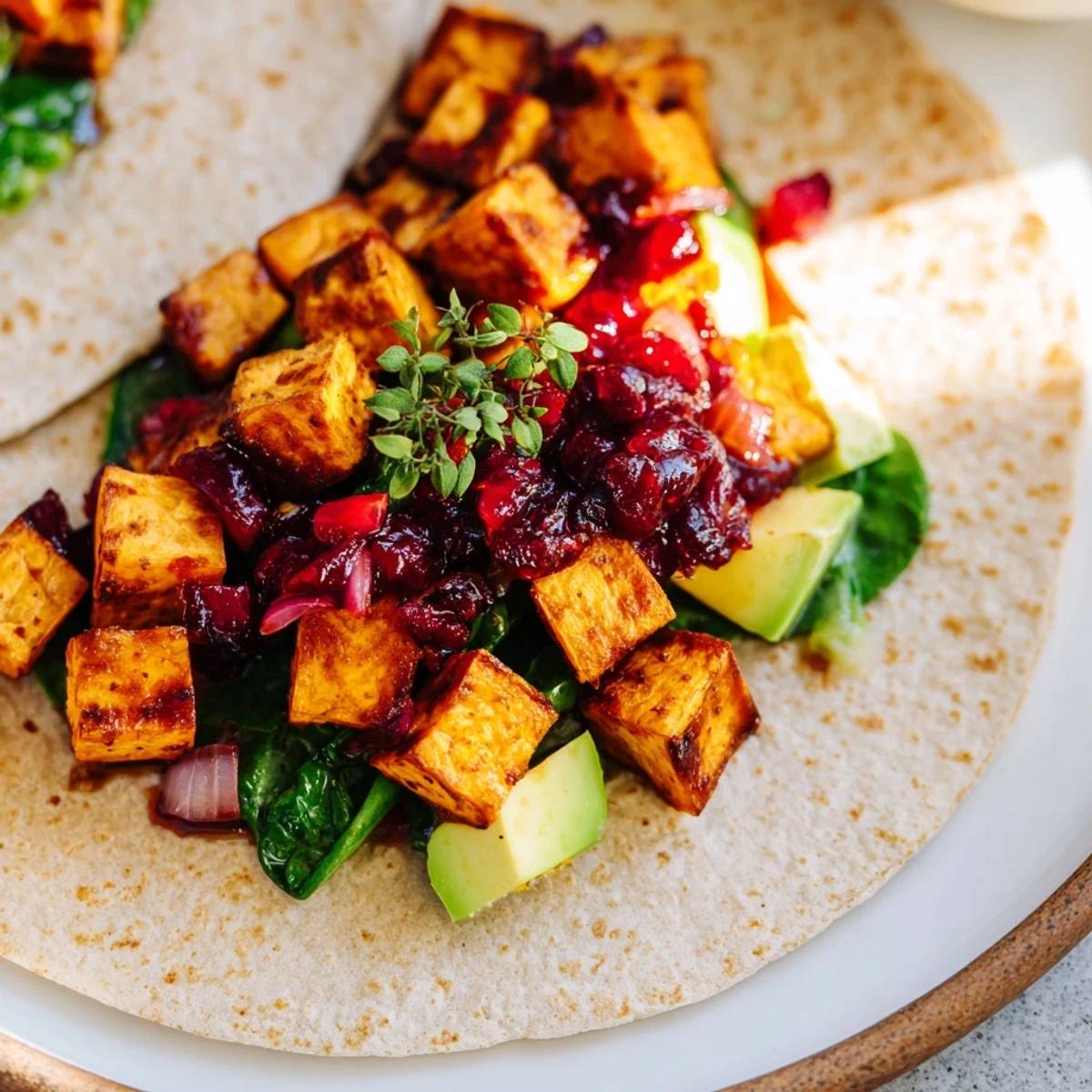 Vibrant Roasted Sweet Potato & Black Bean Holiday Wrap, brimming with colorful veggies and festive flavors.