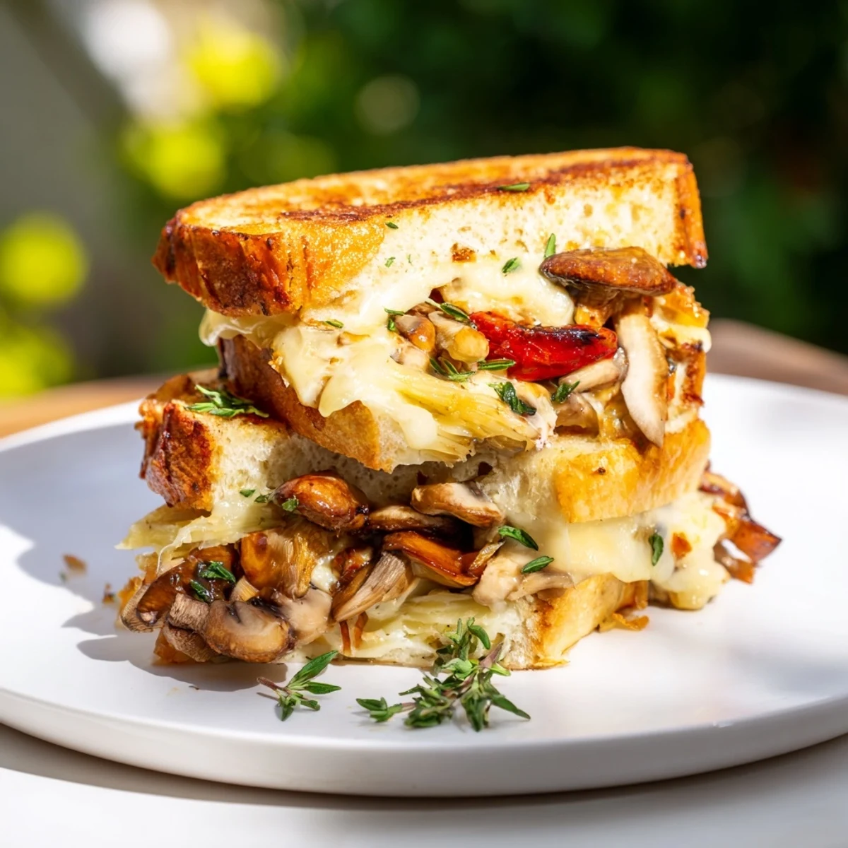 Golden, cheesy Roast Garlic Mushroom & Thyme Grilled Cheese served hot, ready to enjoy.