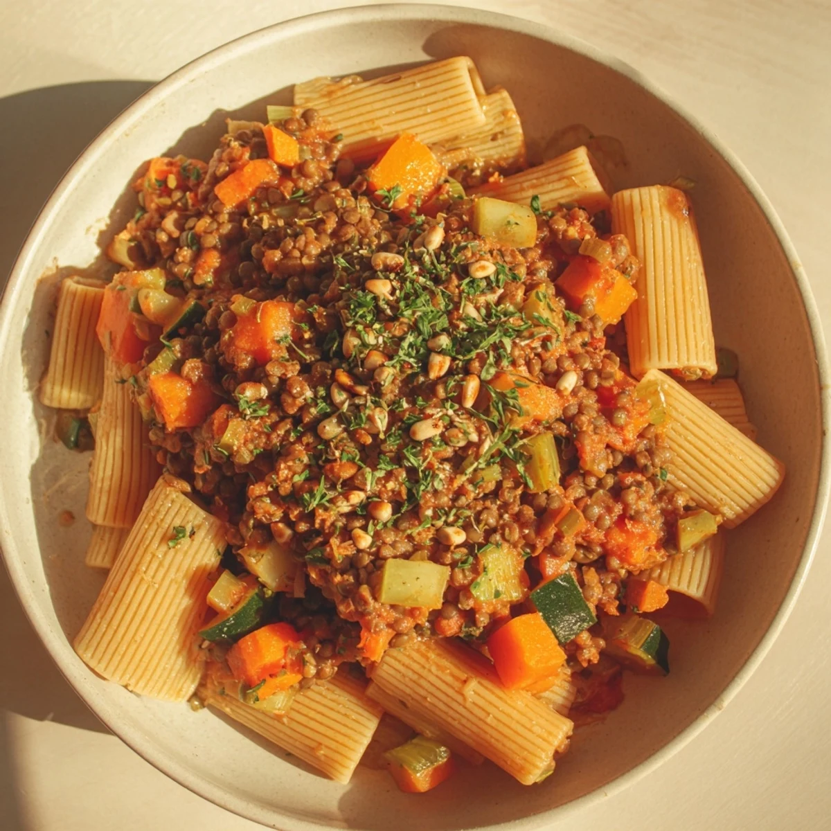 Warm, flavorful High-Fiber Lentil Bolognese pasta, ready to be served, a perfect vegetarian Christmas dish.