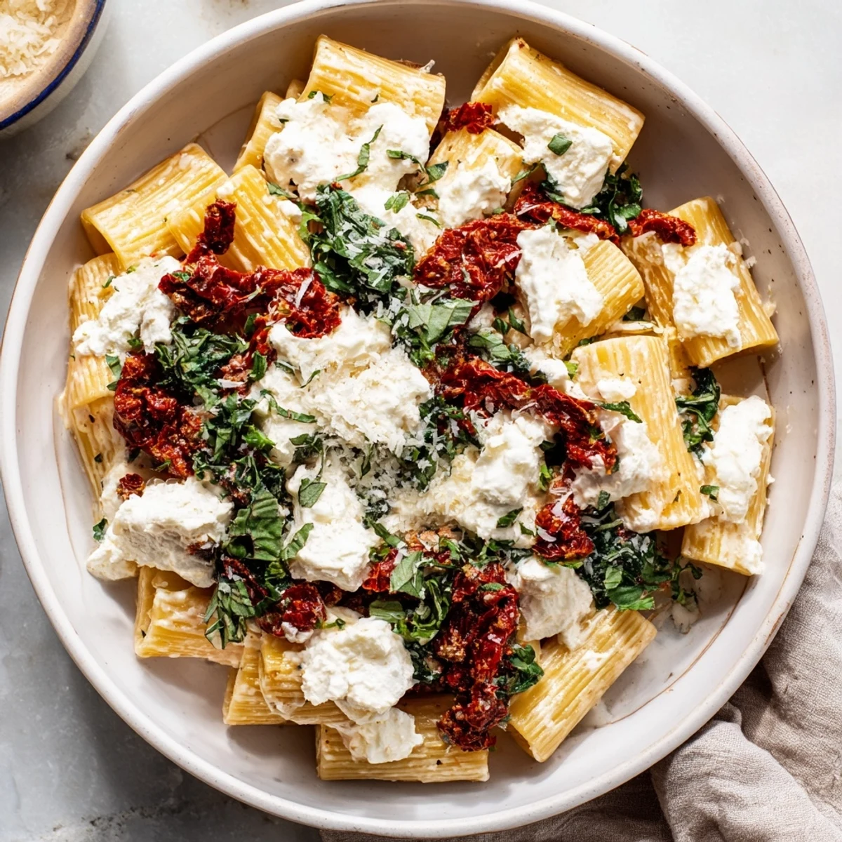A close-up of creamy sun-dried tomato spinach cottage cheese pasta, ready to be served.