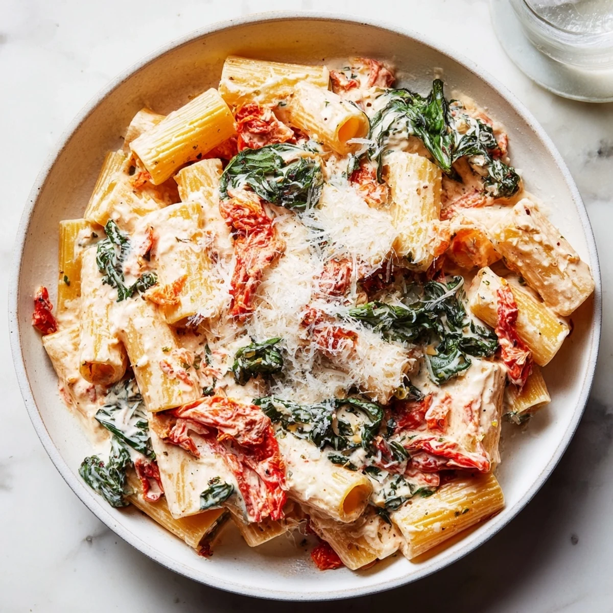 Enjoy a comforting bowl of creamy sun-dried tomato spinach cottage cheese pasta with Parmesan.
