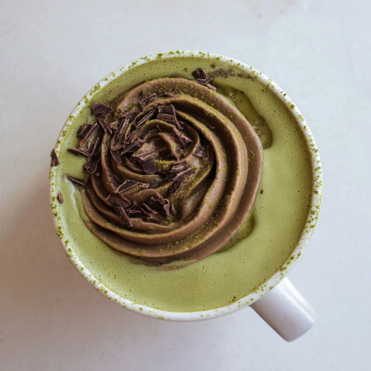 Enjoy the vibrant green Matcha Hot Cocoa Protein Mug, perfectly paired with optional dark chocolate shavings.