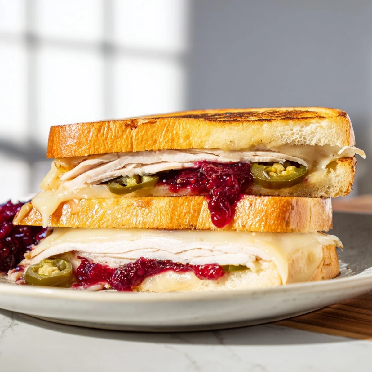 Golden air fryer Jalapeño Cranberry Turkey Grilled Cheese, bubbling with melted cheese and spicy jalapeños.
