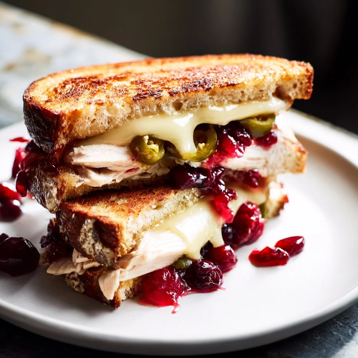 Close-up of a perfectly toasted Jalapeño Cranberry Turkey Grilled Cheese, ready for a delicious bite.