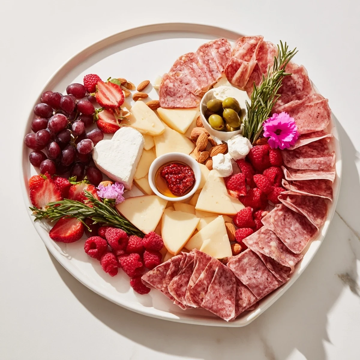 Heart-shaped charcuterie board overflowing with savory meats, cheeses, and fresh fruits, perfect for sharing.