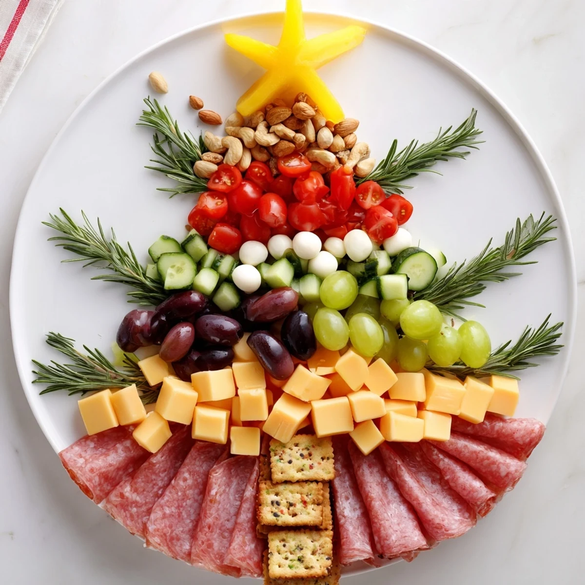 Colorful Christmas Tree Snack Board overflowing with olives, grapes, and various cheeses, perfect for a holiday party!