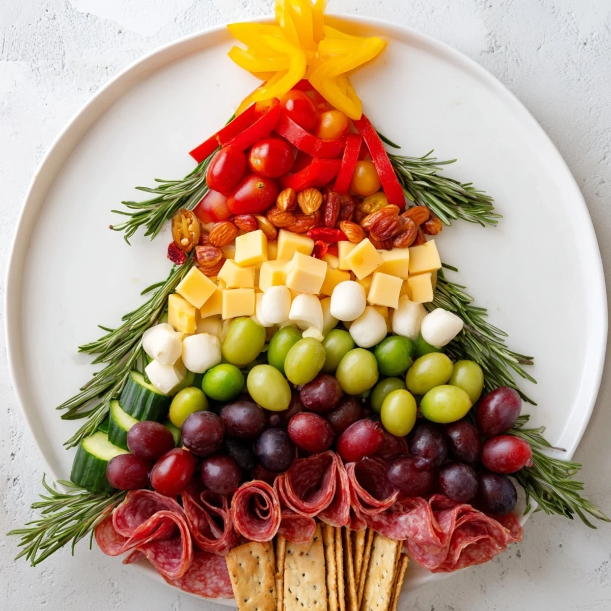 Enjoy the flavors of this delicious Christmas Tree Snack Board, featuring crackers, meats, and fresh garnishes.