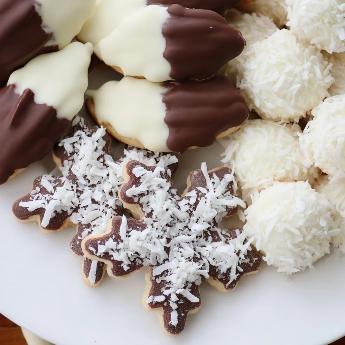 This tempting Snowflake Dessert Board features white chocolate dipped treats and fresh, ripe raspberries.