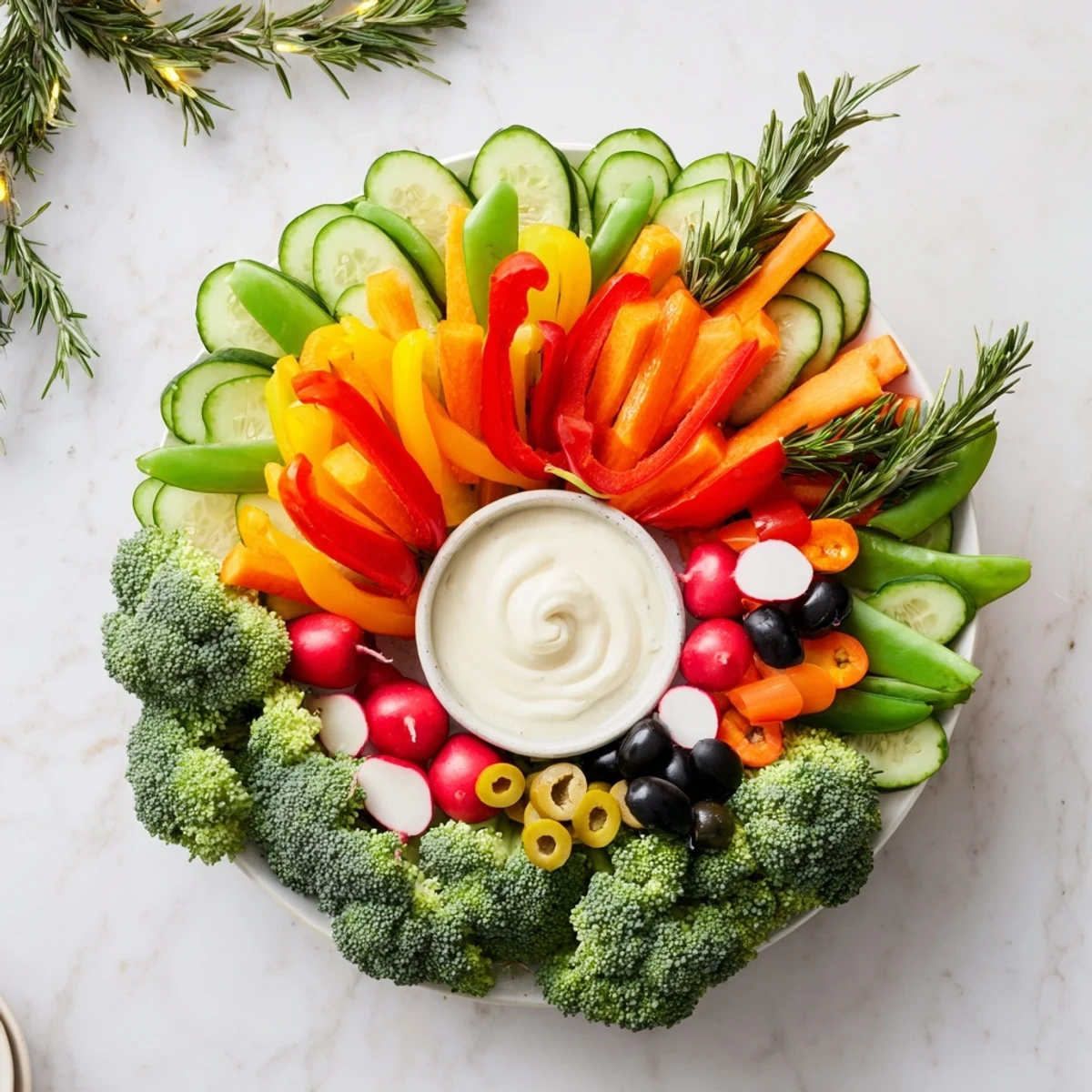 Festive wreath veggie dip platter: colorful fresh vegetables artfully arranged with creamy ranch dip.