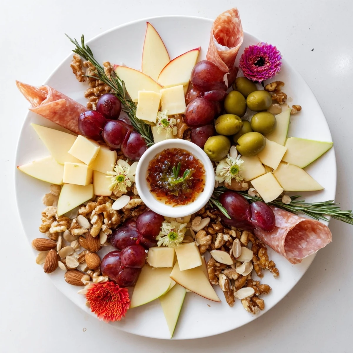 A vibrant star-shaped appetizer board overflowing with cheeses, meats, fruits, and the delicious star-shaped arrangement.