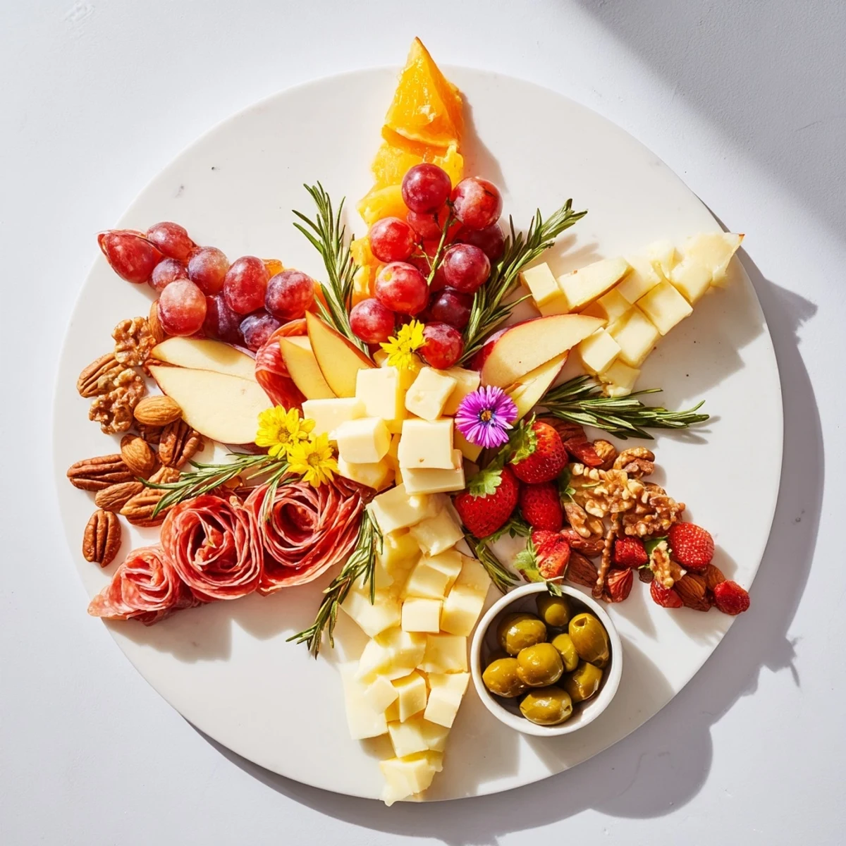 Enjoy a visually appealing star-shaped appetizer board, perfect for parties, with olives, gourmet crackers, and fig jam.