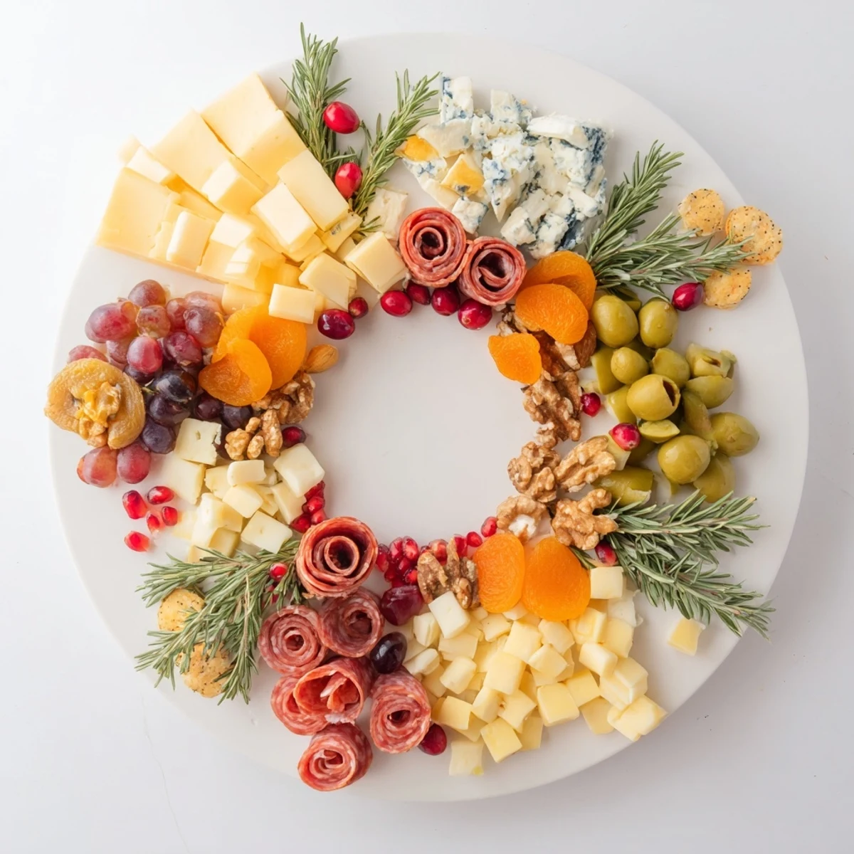 Festive Holiday Wreath Cheese Platter, showcasing creamy Brie, savory meats, and vibrant fresh fruits.
