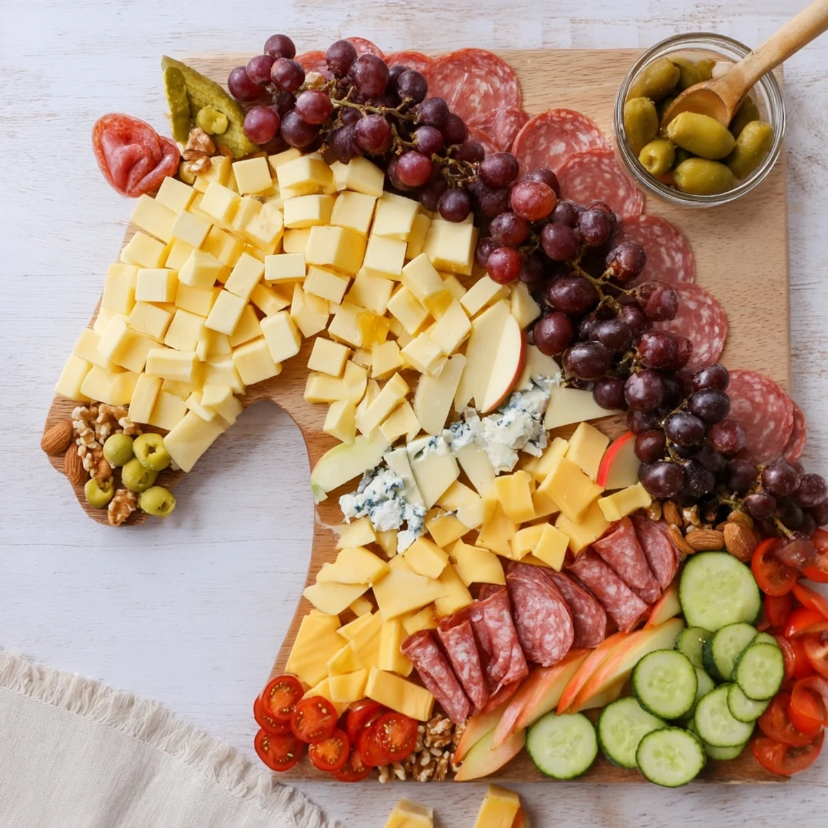 Horse-shaped grazing board overflowing with cheeses, meats, fruits, and crackers for a fun appetizer.