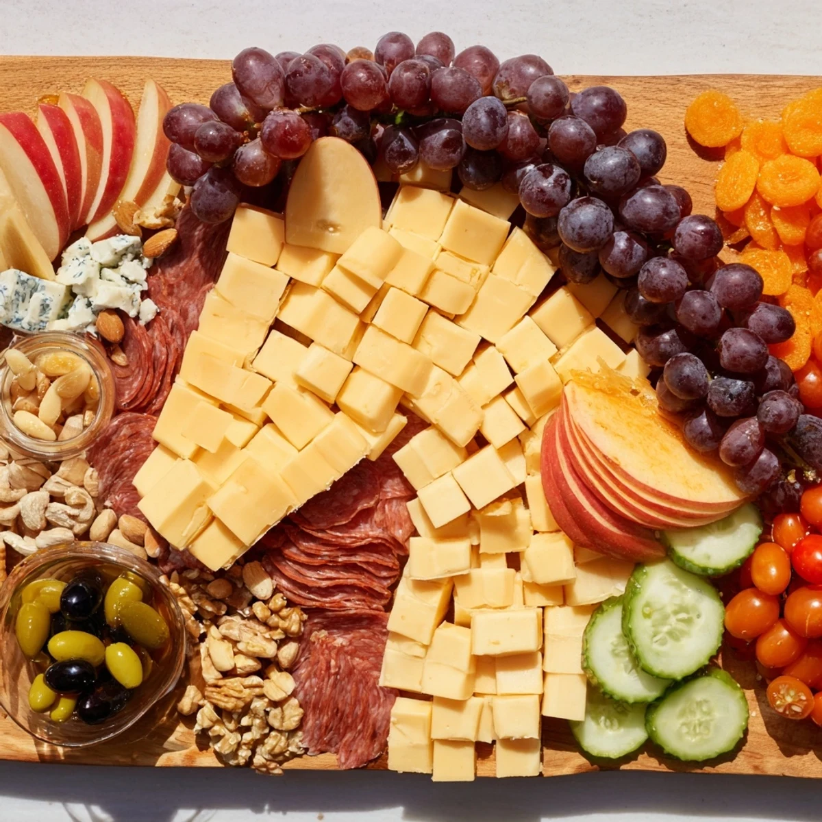 A vibrant horse-shaped grazing board showcases an array of delicious cheeses, meats, and fresh elements.