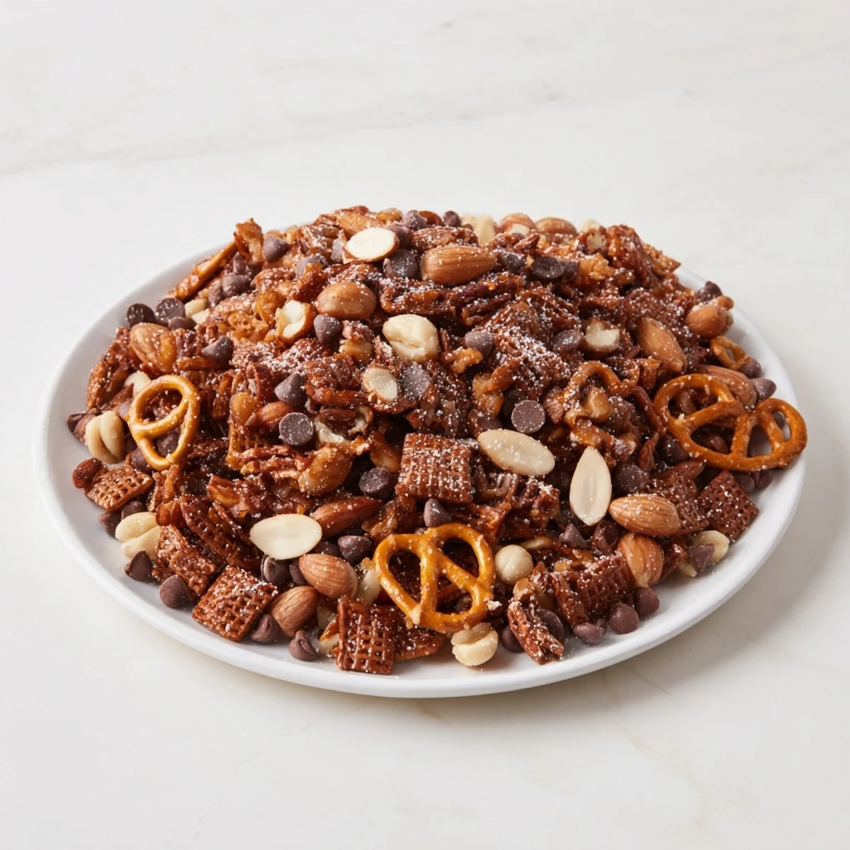 Golden-brown Festive Pine Cone Snack Mix piled high and ready for serving with holiday cheer.