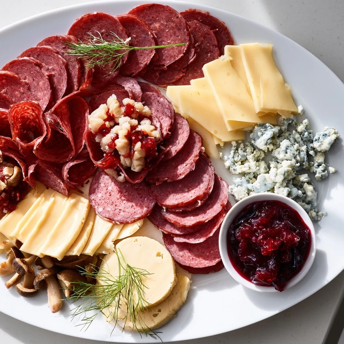 Festive reindeer charcuterie board showcasing smoked reindeer, Gouda, and lingonberry jam for a holiday appetizer.