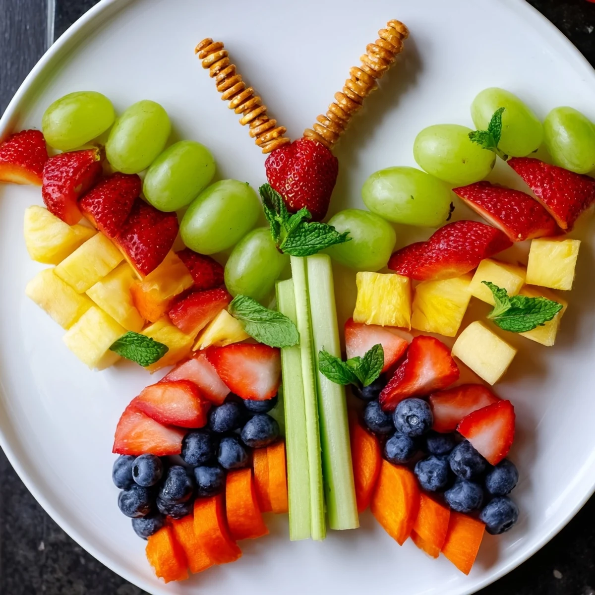 Butterfly fruit tray bursting with colorful fruits, a fun and healthy snack idea.
