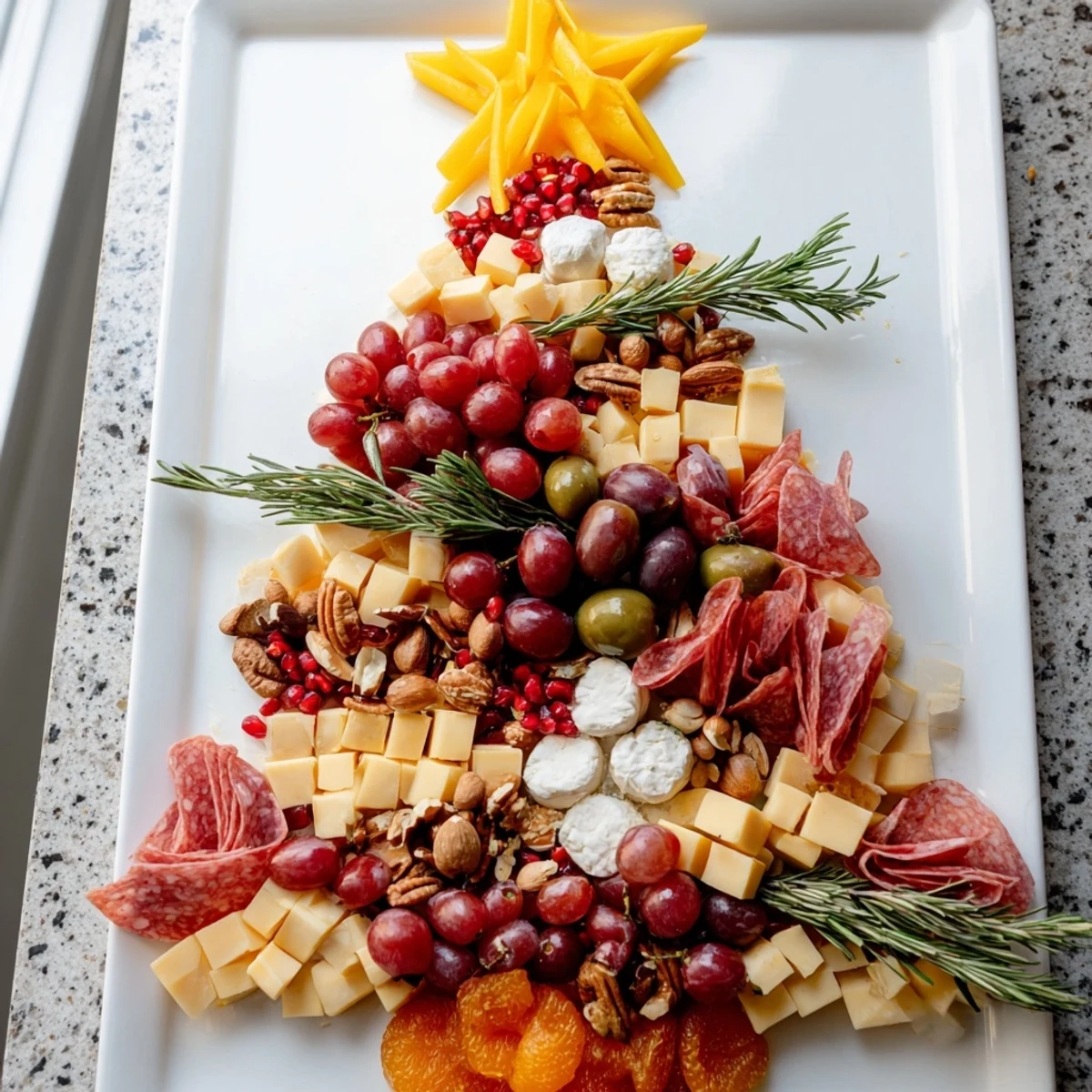 Vibrant Christmas Tree Charcuterie Dream: A festive arrangement with cured meats, cheeses, and grapes.