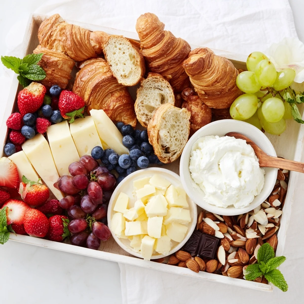 Gift Box Brunch Board overflowing with fresh berries, cheeses, and mini croissants.