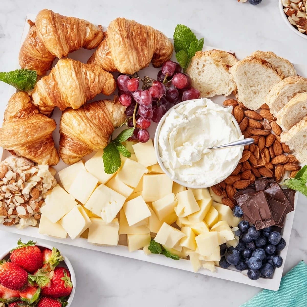 A delicious Gift Box Brunch Board presentation, featuring salty prosciutto and sweet raspberry jam.