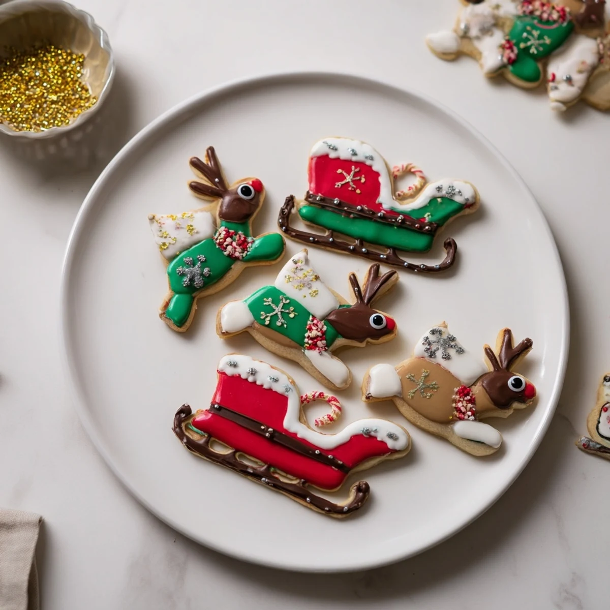 Festive Santas Sleigh Cookie Display: a beautifully decorated platter with colorful holiday cookies, ready to serve.