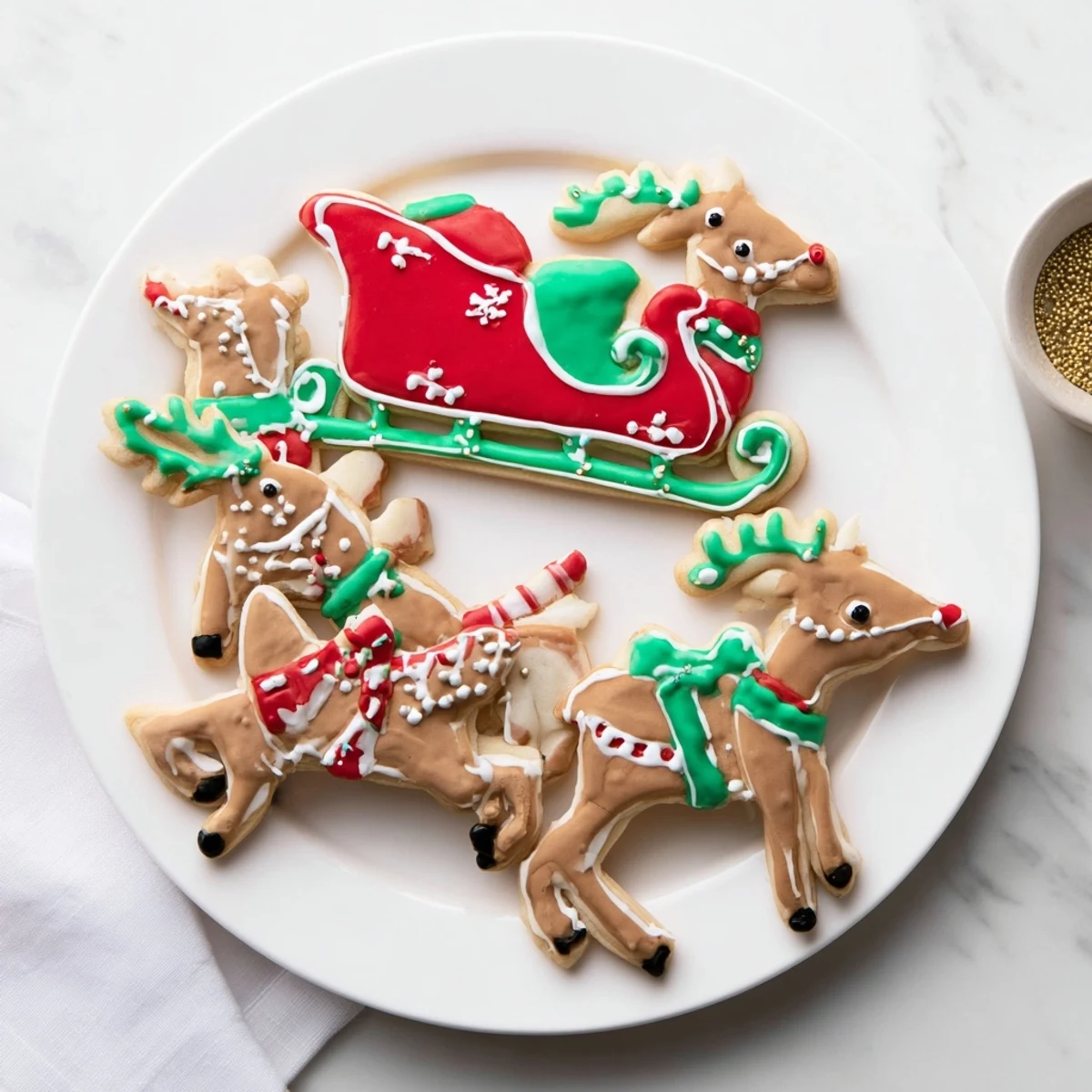 Delicious Santas Sleigh Cookie Display, showcasing intricate icing details, festive sprinkles, and edible elements like pretzels.